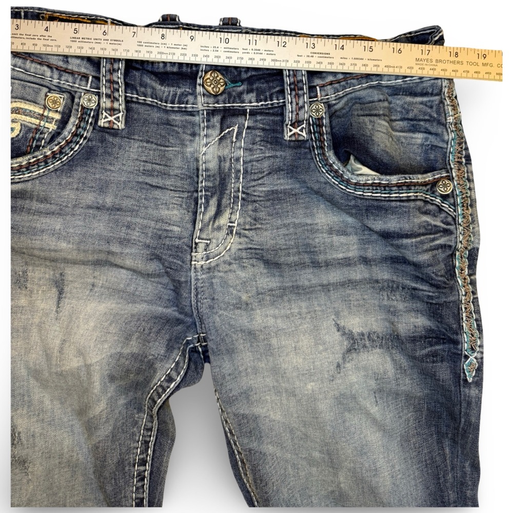 Rock Revival Quency Slim Taper Jeans Mens 36 Distressed Stretch Embroidered - Picture 4 of 12